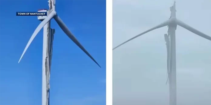 A close-up view of the damaged Vineyard Wind 1 turbine blade near Nantucket, MA. Regulators and investigators later traced the catastrophic collapse to a manufacturing bonding defect. (Image: Town of Nantucket, used for news commentary/fair use)